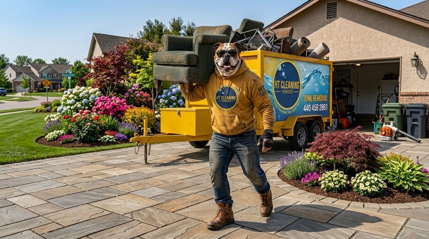 HT Cleaning team member carrying a couch out to a junk removal trailer